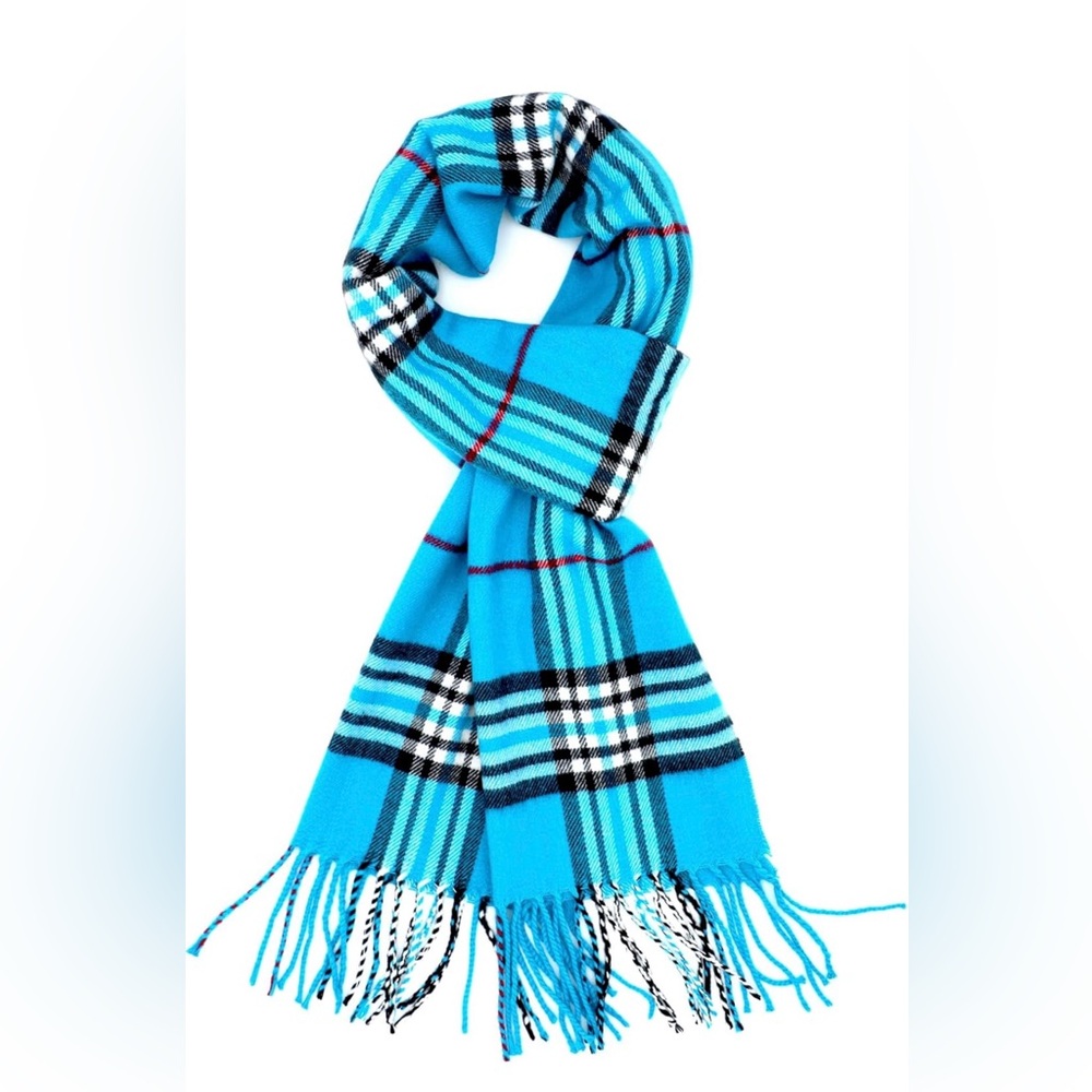 Electric Turquoise Blue Plaid Scarf - Unisex Cashmere Feel Size 12” x 72”